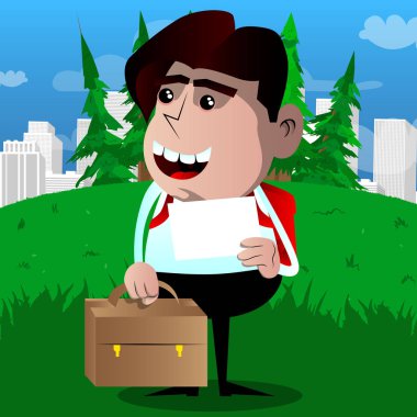 Bavul ve beyaz kağıt ile okul çocuğu. Vektör çizgi film karakteri çizim.