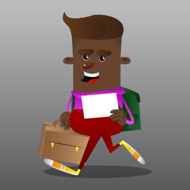 Bavul ve beyaz kağıt ile okul çocuğu. Vektör çizgi film karakteri çizim.