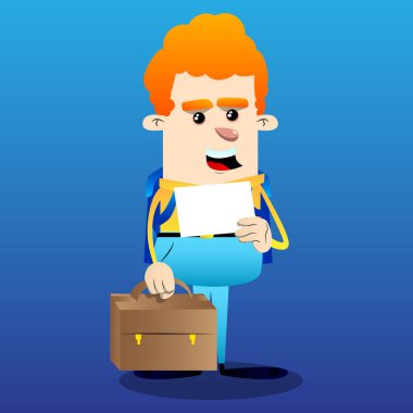 Bavul ve beyaz kağıt ile okul çocuğu. Vektör çizgi film karakteri çizim.