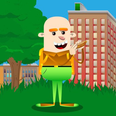 Bir sandviç yeme okul çocuğu. Vektör çizgi film karakteri çizim.