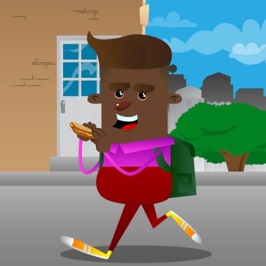 Bir sandviç yeme okul çocuğu. Vektör çizgi film karakteri çizim.