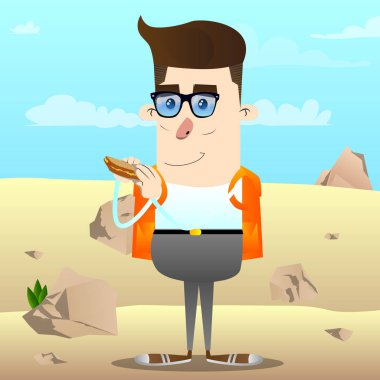 Bir sandviç yeme okul çocuğu. Vektör çizgi film karakteri çizim.