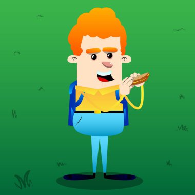 Bir sandviç yeme okul çocuğu. Vektör çizgi film karakteri çizim.