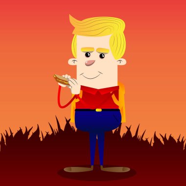 Bir sandviç yeme okul çocuğu. Vektör çizgi film karakteri çizim.