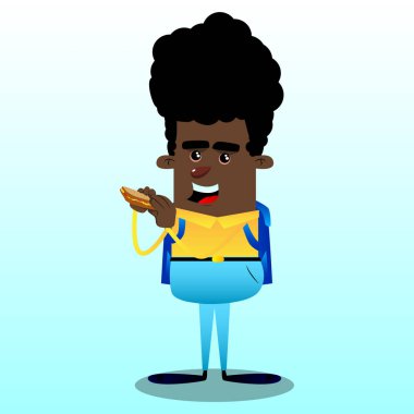 Bir sandviç yeme okul çocuğu. Vektör çizgi film karakteri çizim.