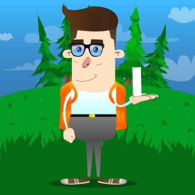 Okul çocuğu holding beyaz uzun boylu kutusu. Vektör çizgi film karakteri çizim.