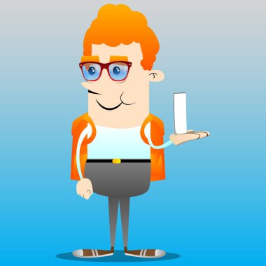 Okul çocuğu holding beyaz uzun boylu kutusu. Vektör çizgi film karakteri çizim.