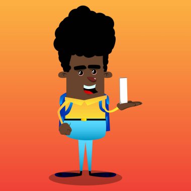 Okul çocuğu holding beyaz uzun boylu kutusu. Vektör çizgi film karakteri çizim.