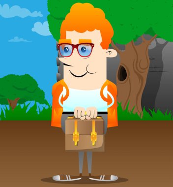 Okul çocuğu holding küçük çanta. Vektör çizgi film karakteri çizim.