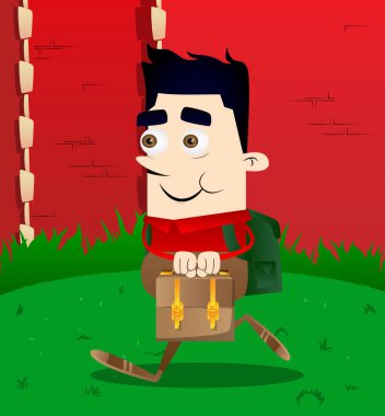 Okul çocuğu holding küçük çanta. Vektör çizgi film karakteri çizim.