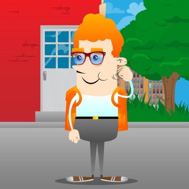 Birisi, tehdit eden bir okul çocuğu Görüntüleyici yumruk sallıyor. Vektör çizgi film karakteri çizim.