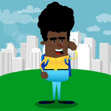 Birisi, tehdit eden bir okul çocuğu Görüntüleyici yumruk sallıyor. Vektör çizgi film karakteri çizim.