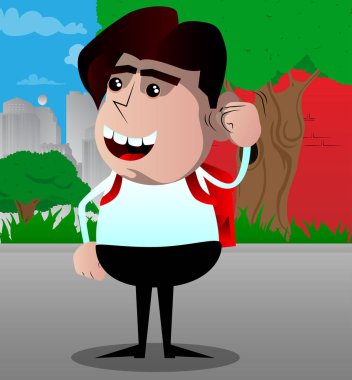 Birisi, tehdit eden bir okul çocuğu Görüntüleyici yumruk sallıyor. Vektör çizgi film karakteri çizim.