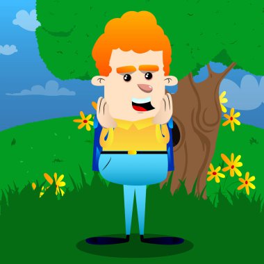 Yüzünü dokunaklı okul çocuğu. Vektör çizgi film karakteri çizim.