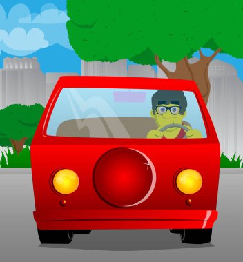 Araba sürme, bir direksiyon tutan sarı adam. Vektör karikatür çizim.