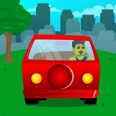 Araba sürme, bir direksiyon tutan sarı adam. Vektör karikatür çizim.