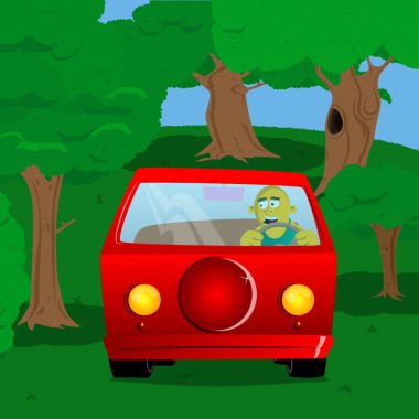 Araba sürme, bir direksiyon tutan sarı adam. Vektör karikatür çizim.