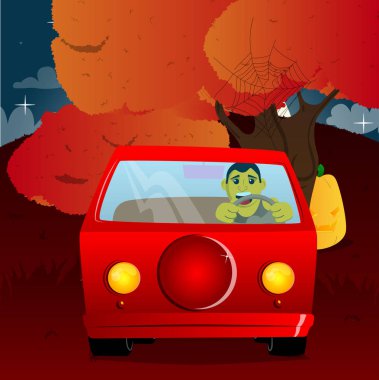 Araba sürme, bir direksiyon tutan sarı adam. Vektör karikatür çizim.