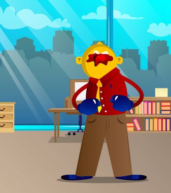 Sarı adam yumruklarını önünde giyen boks eldivenleri savaşmaya hazır tutuyor. Vektör karikatür çizim.