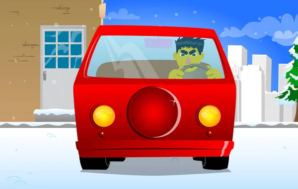 Hombre Amarillo Conduciendo Sosteniendo Volante Dibujos Animados Vectoriales Ilustración — Vector de stock