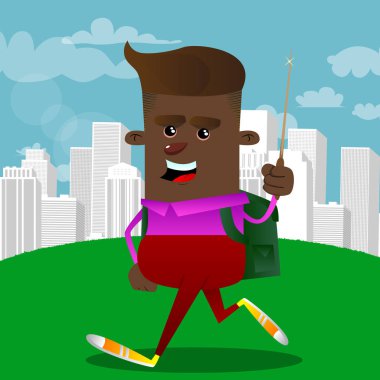 Bir sihirli değnek ile okul çocuğu. Vektör çizgi film karakteri çizim.