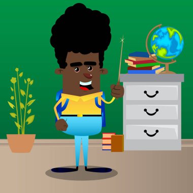 Bir sihirli değnek ile okul çocuğu. Vektör çizgi film karakteri çizim.