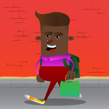 Yeşil kağıt torba tutarak okul çocuğu. Vektör çizgi film karakteri çizim.