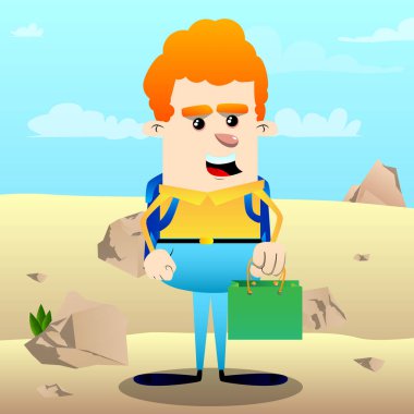 Yeşil kağıt torba tutarak okul çocuğu. Vektör çizgi film karakteri çizim.