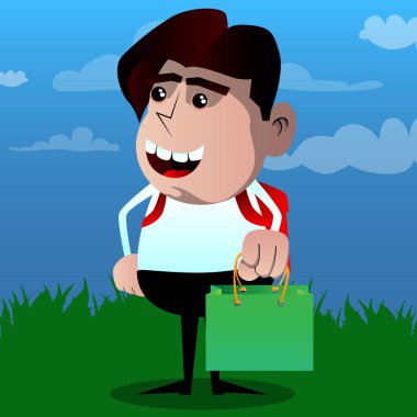 Yeşil kağıt torba tutarak okul çocuğu. Vektör çizgi film karakteri çizim.