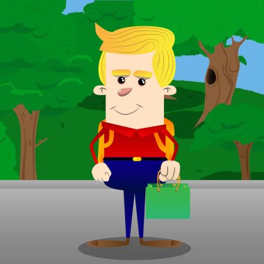 Yeşil kağıt torba tutarak okul çocuğu. Vektör çizgi film karakteri çizim.