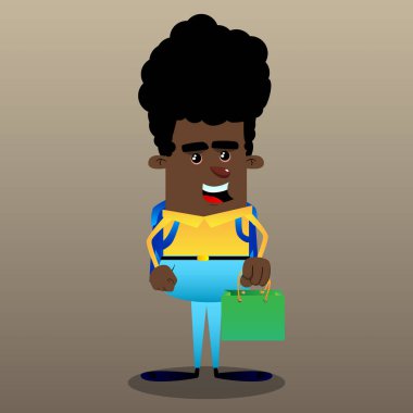 Yeşil kağıt torba tutarak okul çocuğu. Vektör çizgi film karakteri çizim.