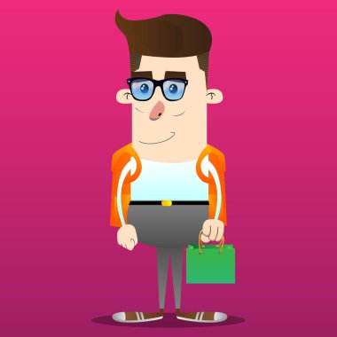 Yeşil kağıt torba tutarak okul çocuğu. Vektör çizgi film karakteri çizim.