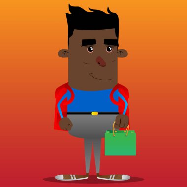 Yeşil kağıt torba tutarak okul çocuğu. Vektör çizgi film karakteri çizim.