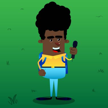 Okul çocuğu holding mikrofon. Vektör çizgi film karakteri çizim.