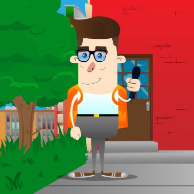 Okul çocuğu holding mikrofon. Vektör çizgi film karakteri çizim.