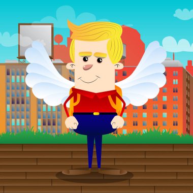 Büyük beyaz kanatlı bir melek olarak okul çocuğu. Vektör çizgi film karakteri çizim.