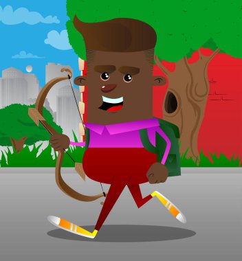 Ok ve yayla okul çocuğu. Vektör çizgi film karakteri çizim.