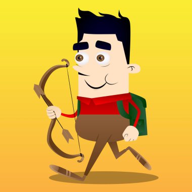 Ok ve yayla okul çocuğu. Vektör çizgi film karakteri çizim.