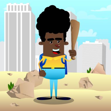 Elinde okul çocuğu holding ahşap kulübü. Vektör çizgi film karakteri çizim.