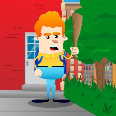 Elinde okul çocuğu holding ahşap kulübü. Vektör çizgi film karakteri çizim.