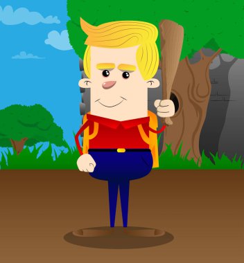 Elinde okul çocuğu holding ahşap kulübü. Vektör çizgi film karakteri çizim.