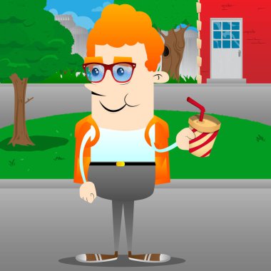 Bir kağıt bardak kahve tutan okul çocuğu. Vektör çizgi film karakteri çizim.