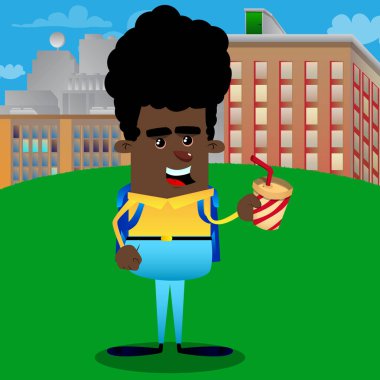 Bir kağıt bardak kahve tutan okul çocuğu. Vektör çizgi film karakteri çizim.