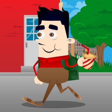 Bir kağıt bardak kahve tutan okul çocuğu. Vektör çizgi film karakteri çizim.