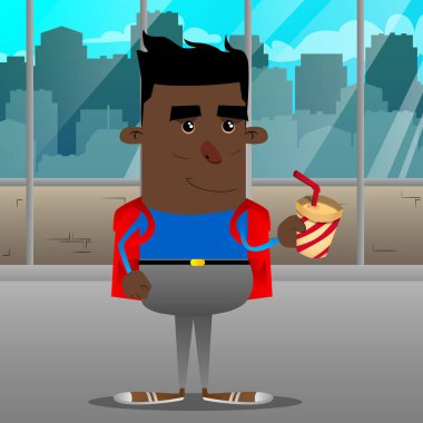 Bir kağıt bardak kahve tutan okul çocuğu. Vektör çizgi film karakteri çizim.