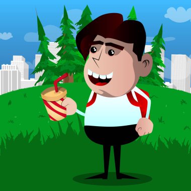 Bir kağıt bardak kahve tutan okul çocuğu. Vektör çizgi film karakteri çizim.