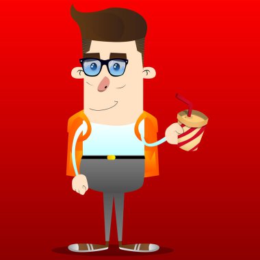 Bir kağıt bardak kahve tutan okul çocuğu. Vektör çizgi film karakteri çizim.