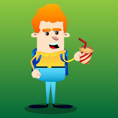 Bir kağıt bardak kahve tutan okul çocuğu. Vektör çizgi film karakteri çizim.