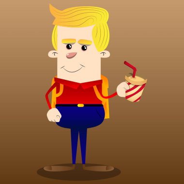 Bir kağıt bardak kahve tutan okul çocuğu. Vektör çizgi film karakteri çizim.