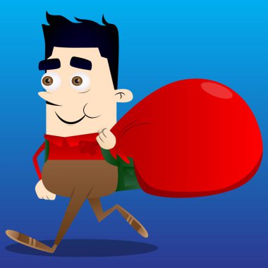 Büyük kırmızı Noel Baba'nın Noel çuval taşıma okul çocuğu. Vektör çizgi film karakteri çizim.